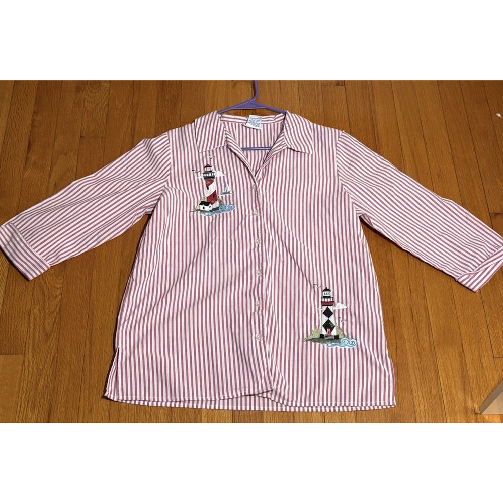 Vintage Coastal Grandma Embroidered Lighthouse Button Up Shirt Nautical Stripes - Picture 3 of 8